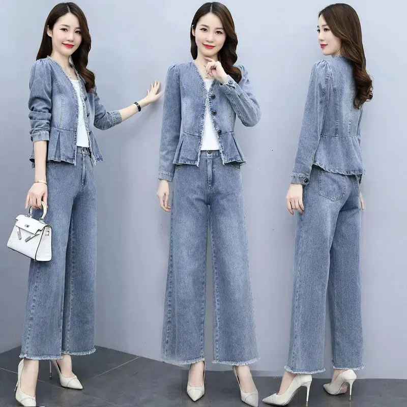 Frauen Denim 2 -Stück -Sets Outfit Frühling Autumn Casual Long Sleeve Jean Jacke Elastische Taille Weitbein Jeans Hosenanzug 4xl 240412