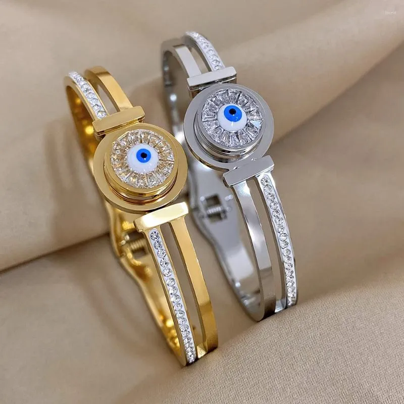 Bracelet des yeux bleus rotatifs en acier inoxydable avec accessoires de strass de luxe pour femmes coiffures bijoux imperméables