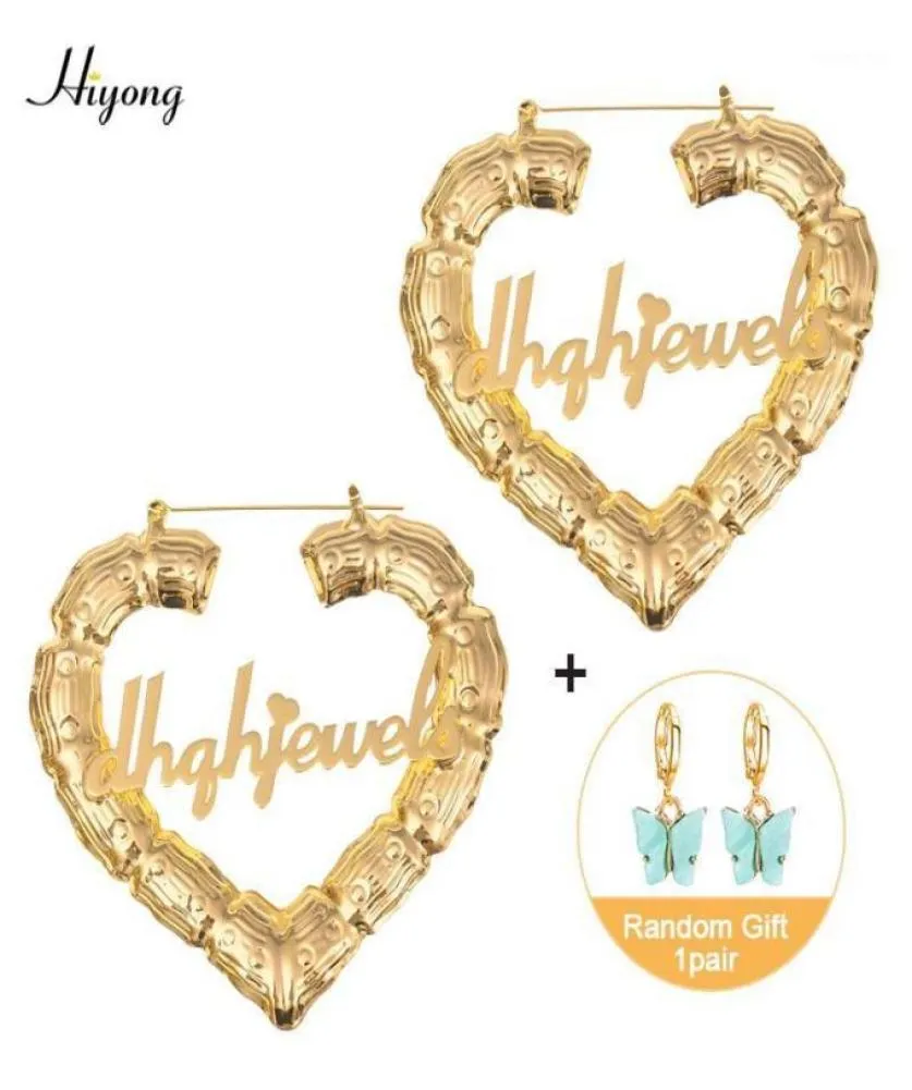 Boucles d'oreilles personnalisées 7090 mm Love Shape Hiphop Bamboo Hoop Ooy Earrings personnalisable coeur personnaliser Nom pour les femmes filles14406445