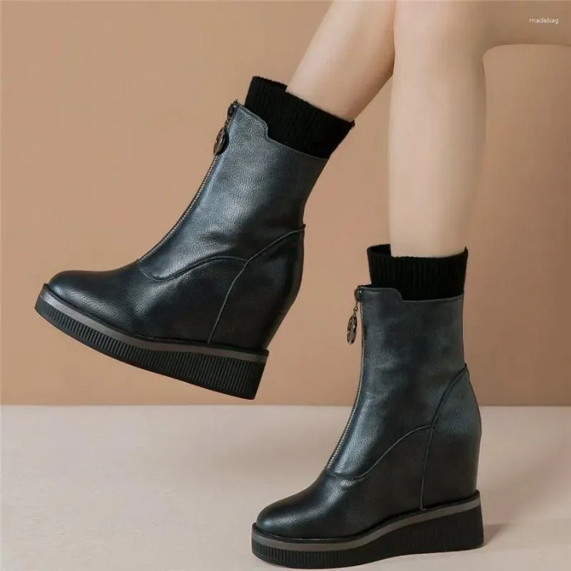 Dress Shoes Women Genuine Leather Wedges High Heel Pumps Female Top Fashion Sneakers Round Toe Platform Ankle Boots Casual