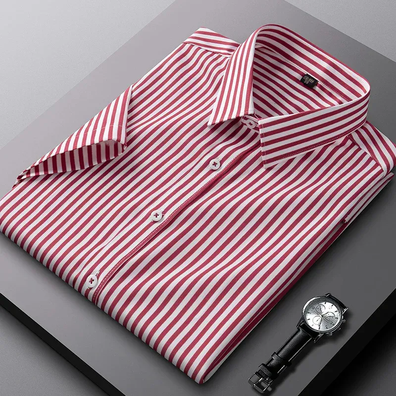 Casual Summer Short Sleeve Shirts For Men Striped Elatic Social Slim fit Formal Shirt Business Class Fit Thin Easy Care Clothes 240412