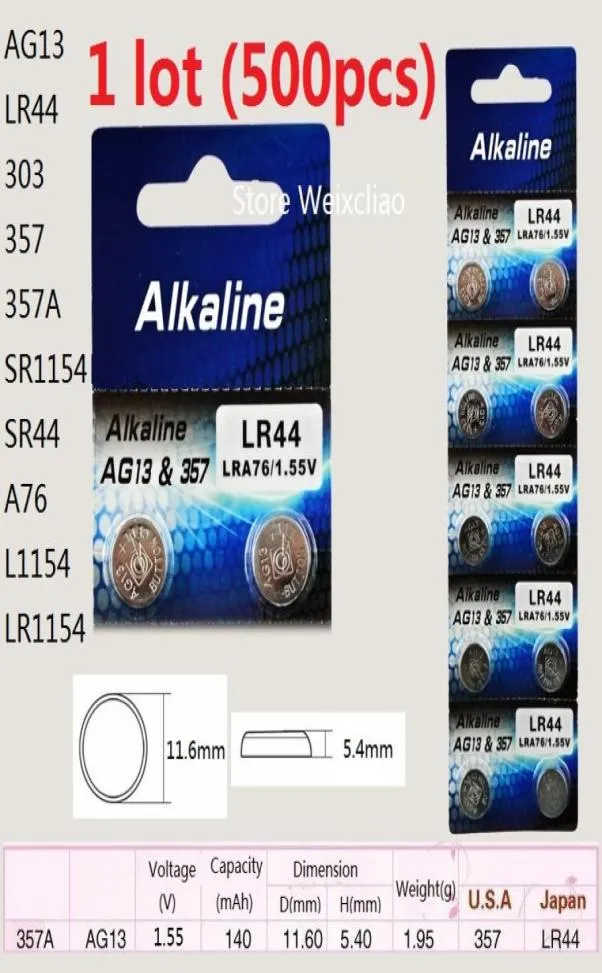 500pcs 1 lot AG13 LR44 303 357 357A SR1154 SR44 A76 L1154 LR1154 155V alkaline button cell battery coin batteries 5936551