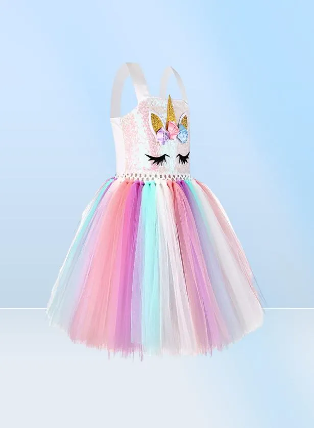 Nieuwe tutu -jurk met hoofdband voor meisjes Kids Unicorn Sequin Suars Tulle Dress Party Party Fast Shipment9588952