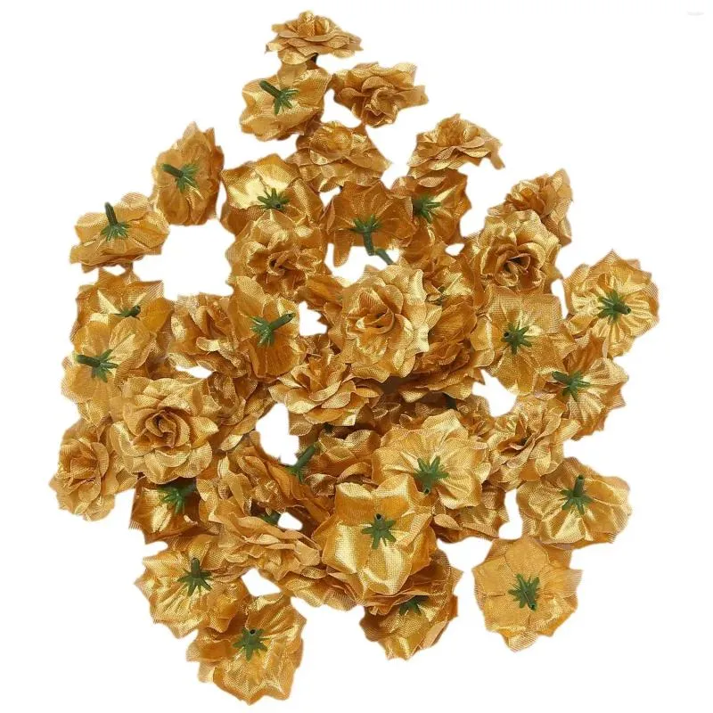 Dekoratif Çiçekler 50 PCS İpek Güller Yapay Düğün Klipleri Dekorasyon Çiçek Başı (Altın)