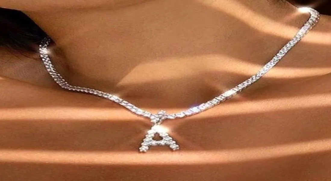 26 -literowy Początkowy naszyjnik Srebrny kolor łańcucha tenisowego Choker dla kobiet Oświadczenie Bling Crystal Alphabet Naszyjnik Biżuteria 7927682