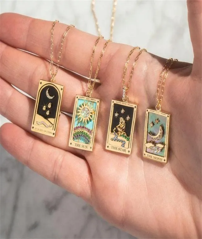 Hänghalsband vintage sun moon stjärna tarot halsband för kvinnor guld rostfritt stål zirkon emaljkort mystiska smycken gåvor5023935