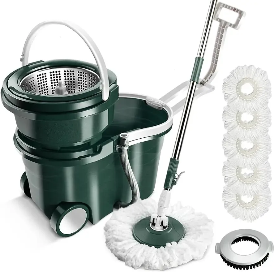 MASTERTOP Spin Mop Bucket with Wringer Set Floor 2 Wheel Easy Move Stainless Steel Adjustable Handle 5 Microfiber Re 240412