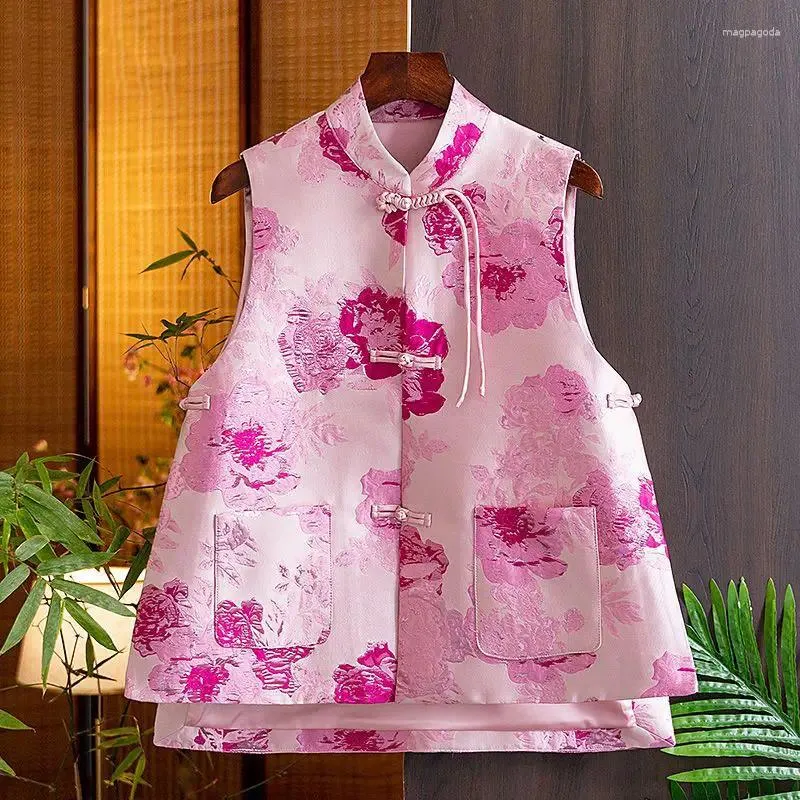 Etniska kläder 2024 kinesisk väst för kvinnor orientalisk stil spänne ljus siden jacquard ficka på utsidan daglig rosa