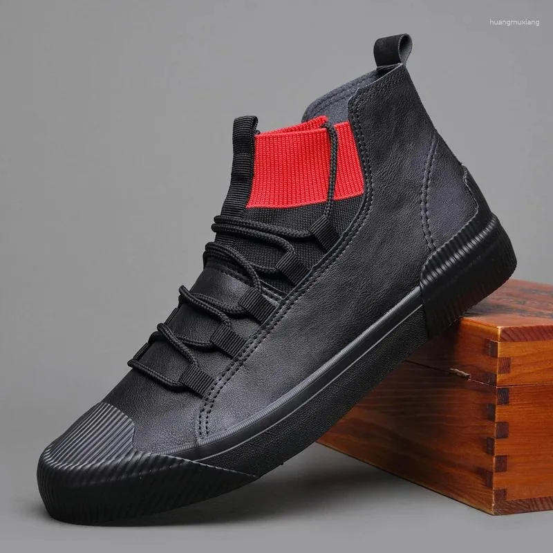 Casual Shoes Men Pu Leather Loafers Fashion Male High Top Sneakers Lace Up Men's Black Flats