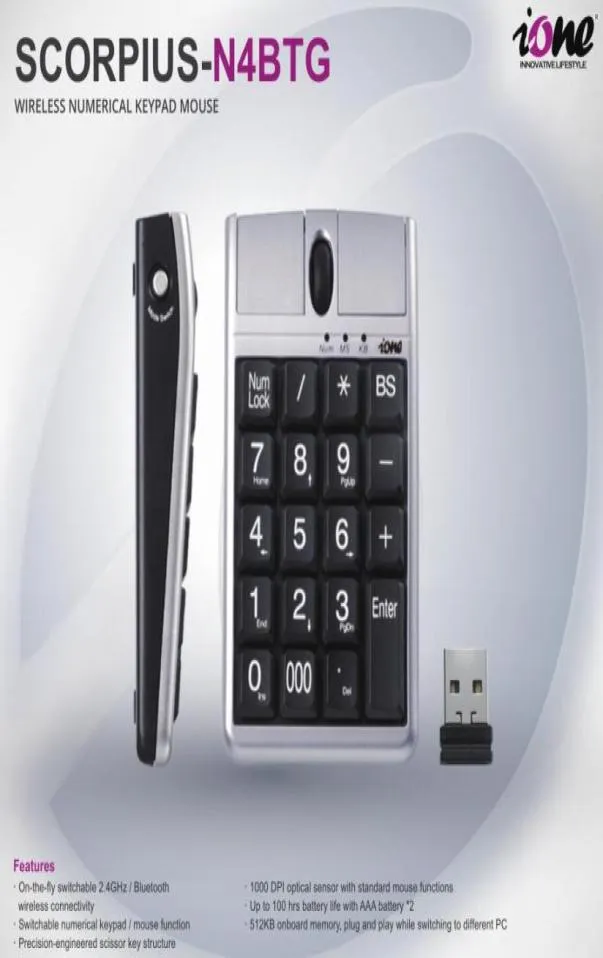 Ione Keyboard Mouse Combo's 19 Numeriek toetsenbord met Scroll Wheel voor snelle gegevensinvoer USB -toetsenbord MAUSE Wireless 24G en Bluetoot4805349