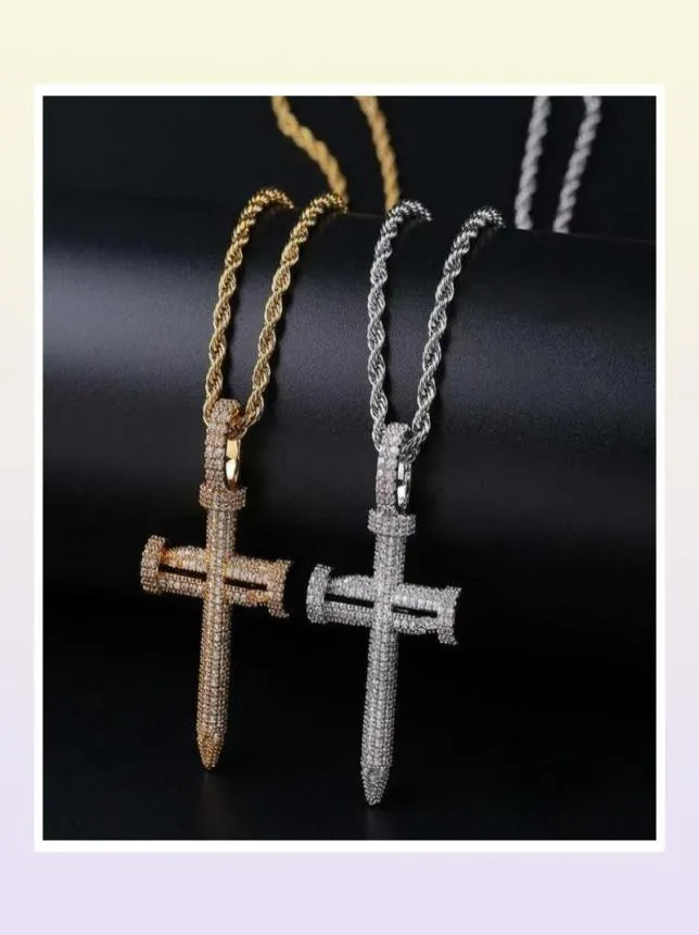 Hip Hop Nail Cross Diamonds Pendant Halsband för män Luxury Crystal Pendants Copper Zircons 18K Gold Platinum Plated Lovers Chain1899200