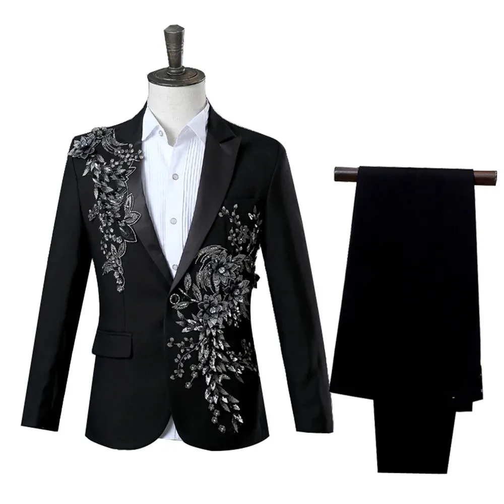 Elegant Appliced ​​Twopiece Mens Suit for Wedding Banket Host Dance Prom Christmas Costume Men Blazer Chinese Style 240407