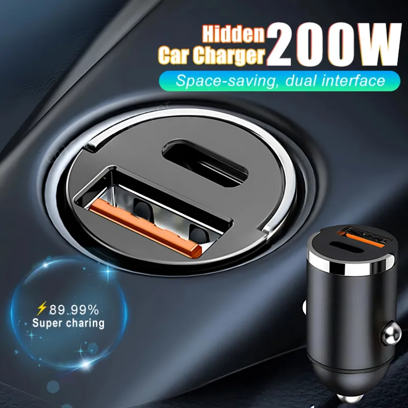 200W Mini USB Carreger Carregador Quick com portas duplas Anel de anel de puxar tipo C Adaptador de carro PD para iPhone Samsung Huawei Xiaomi iPad