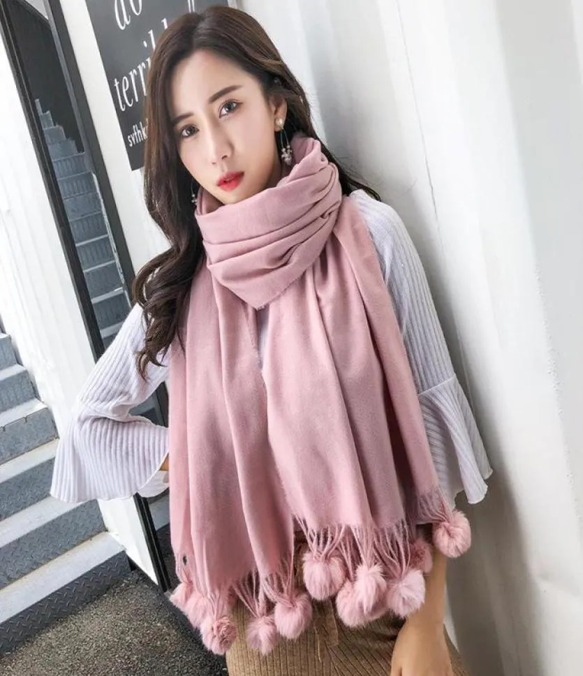 Scarves Real Fur Pompom Pink Scarf For Women Solid Color Yellow Cashmere Winter Shawl Female White Black Hijab Stole2422011