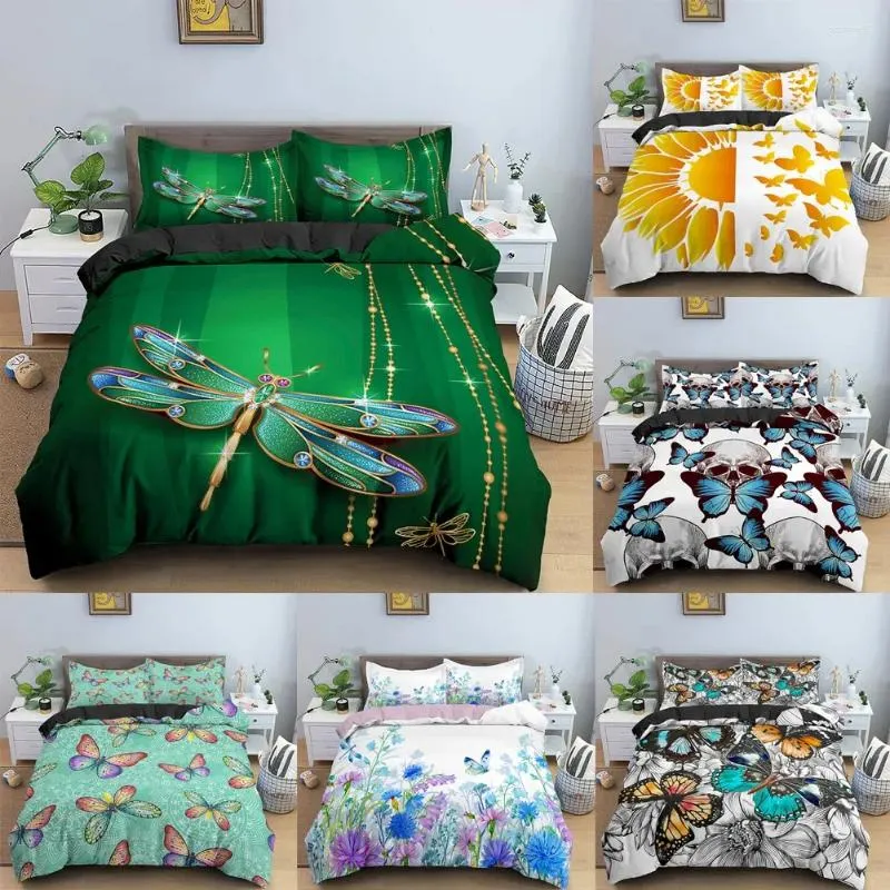 Bettwäsche -Sets Dragonfly Bettdecke Abdeckung Set Kissenbezug Erwachsener Schmetterling Sonnenblume für Mädchen Prinzessin Quilt (kein Bettblatt)