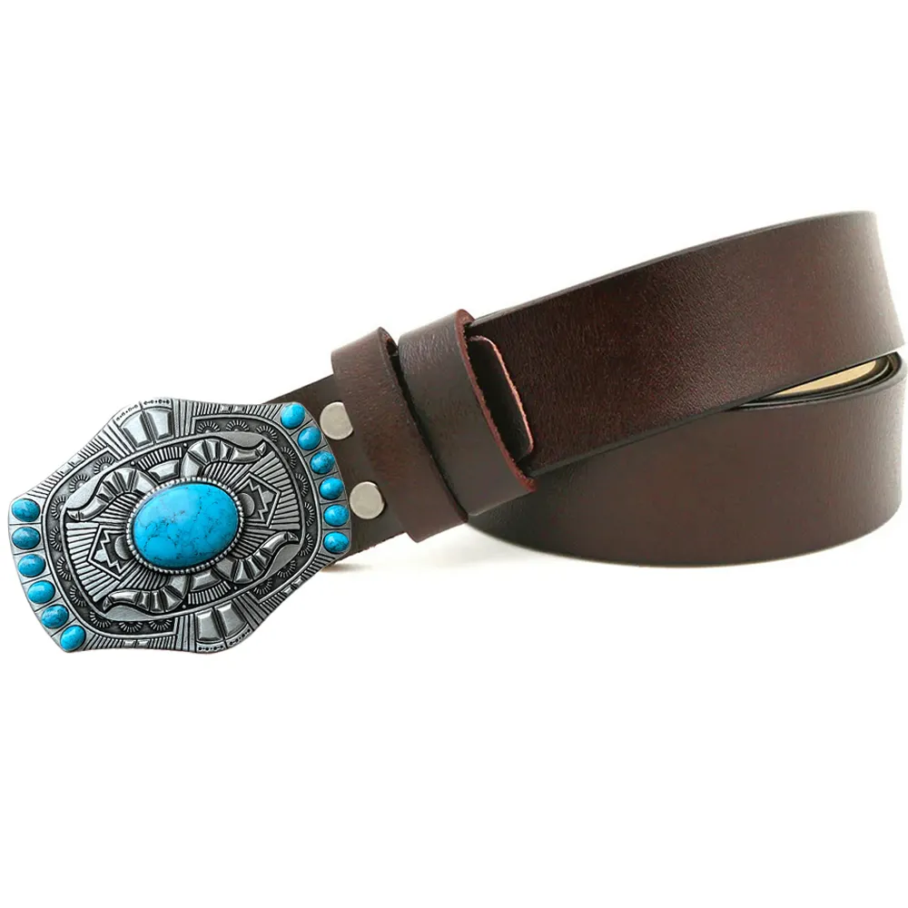 Natural Blue Stone Big Buckles Genuine Leather Cowboy Belts 
