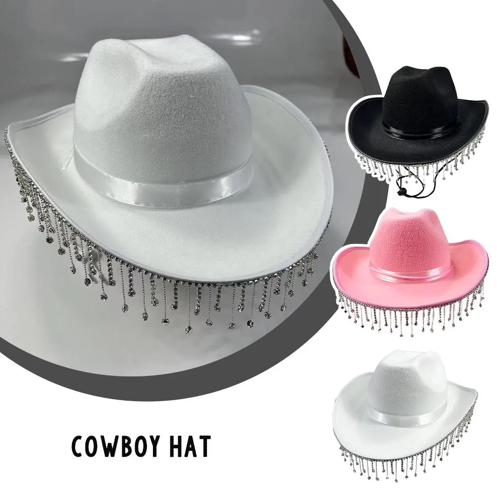 Pink Cowboy Hats Rhinestone Tassel Cowgirl Hat, Feather Star  display picture 3