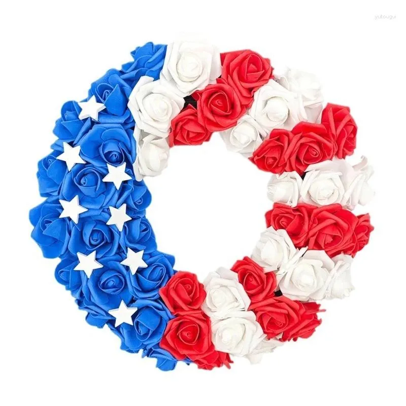 Flores decorativas patrióticas grinaldas 7.4 RedWhiteBlue Roses Memoriais do Dia do Dia do Pride Garlands da frente branca e azul