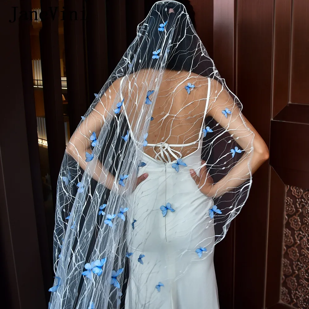 Two Tier Chapel White Wedding Veil With Royal Blue Sequined Lace Trim NWT Navy Blue Sequined Flower Wedding Veil, Floral Lace  main image 3