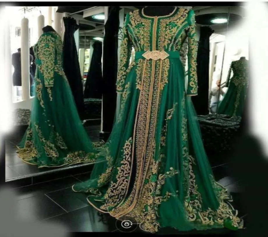 Elegant Emerald Green Muslim Formal Abendkleider eine Linie Langarme Abaya Designs Dubai Turkish Prom Dress Party Kleider Marokca8395841