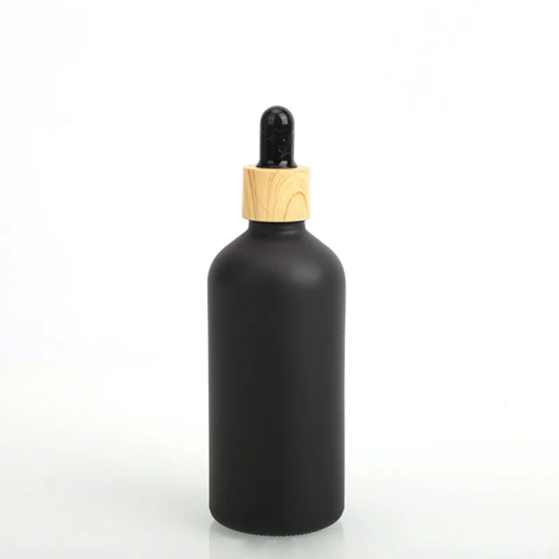 Bottiglie di gocce di vetro spessa opaca nera 5-100 ml con tappo a grana in legno in plastica con pipetta di reagente