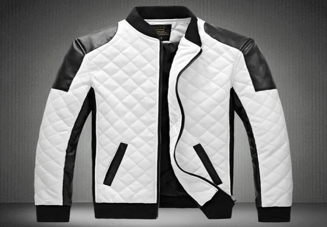 Designer jacket men039s stand collar PU leather jacket coat black and white color matching large size motorcycle leather3293011