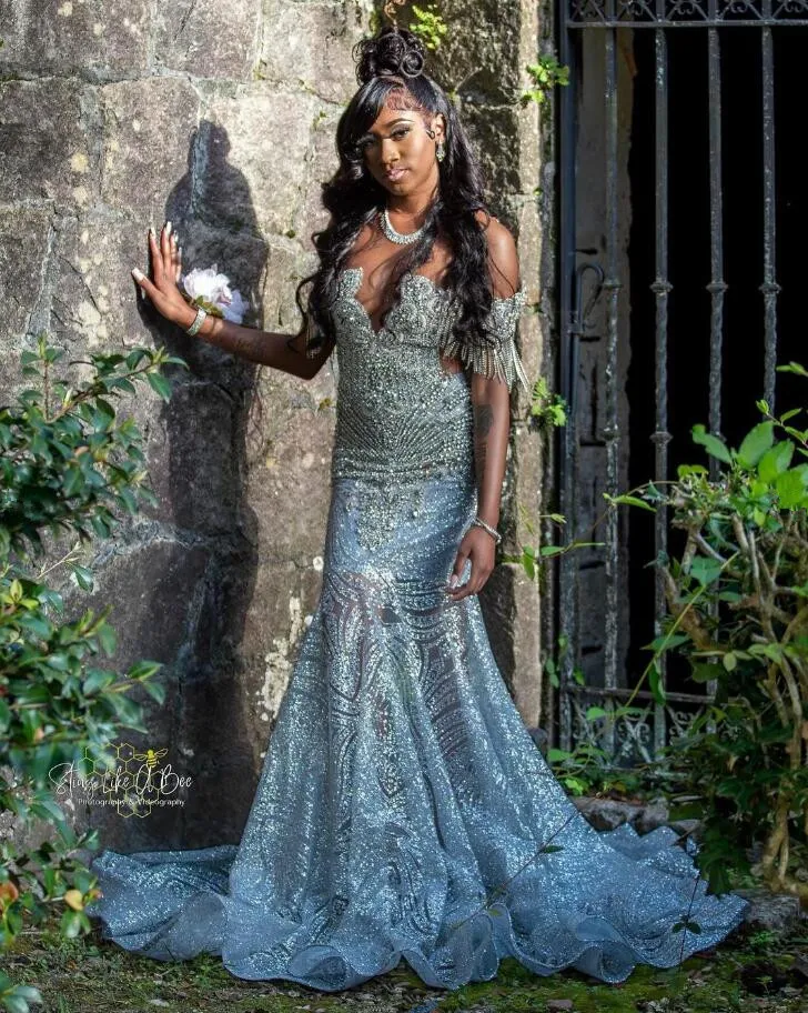 Silver Diamond Long Blowly Ceremonia Ceremonii Sukienki dla czarnej dziewczyny 2024 Luksusowa sukienka wieczorowa Gillter Vestido de Gala