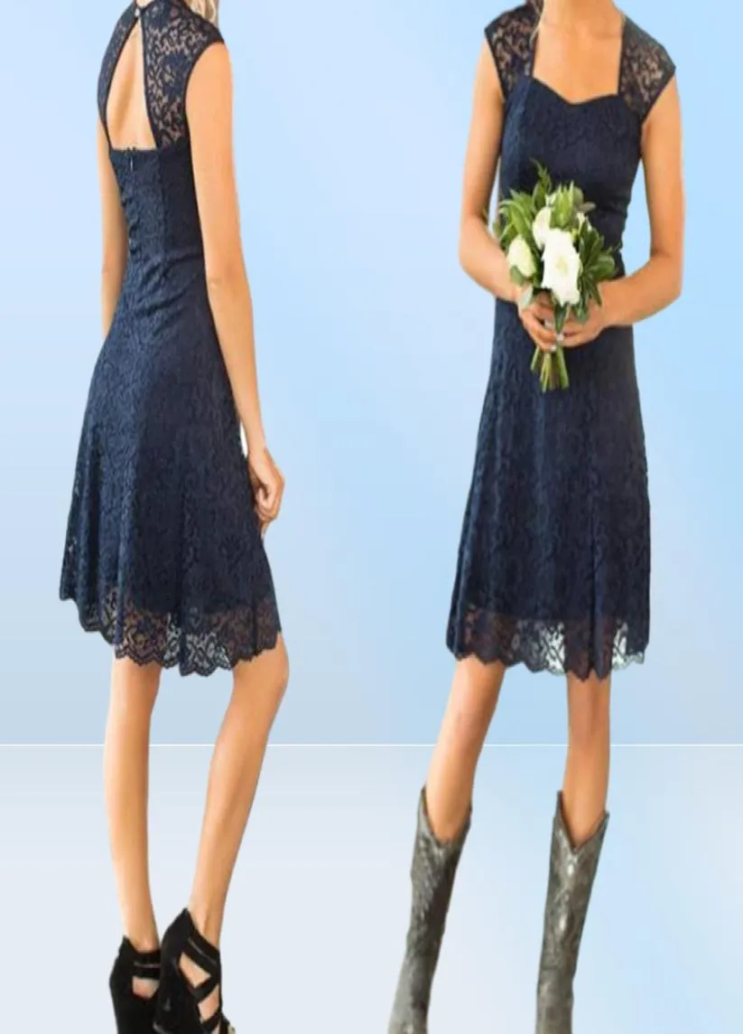 Cheap Navy Short Lace Country Bridesmaids Dresses Sweetheart Neck Wedding Guest Dress Knee Length Maid Of Honor Gowns36340348051159