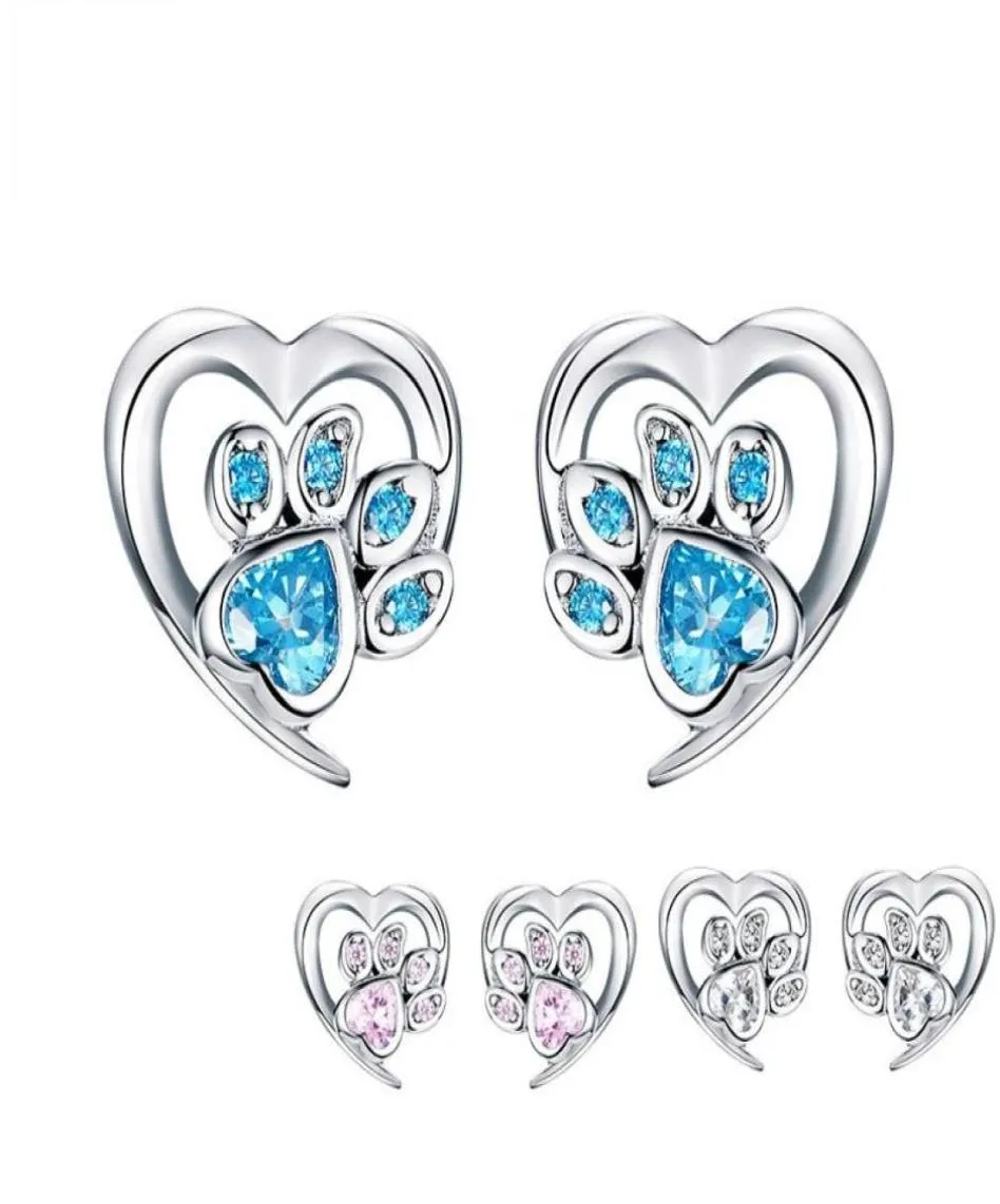Mavi Kristal Pet Pençe Saplama Küpe Kız Kalp Şekimi CZ Ayak İzi Kulak Saplamaları Takı Kadınlar Tasarlan Bijoux SCE65432155089842197
