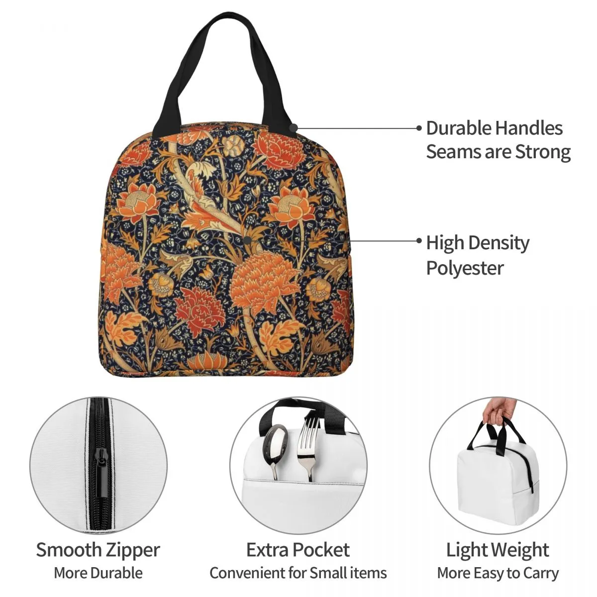 William Morris Orange Cray Floral Art geïsoleerde lunchzak thermische tas herbruikbaar vintage patroon boho bloem tote lunchbox