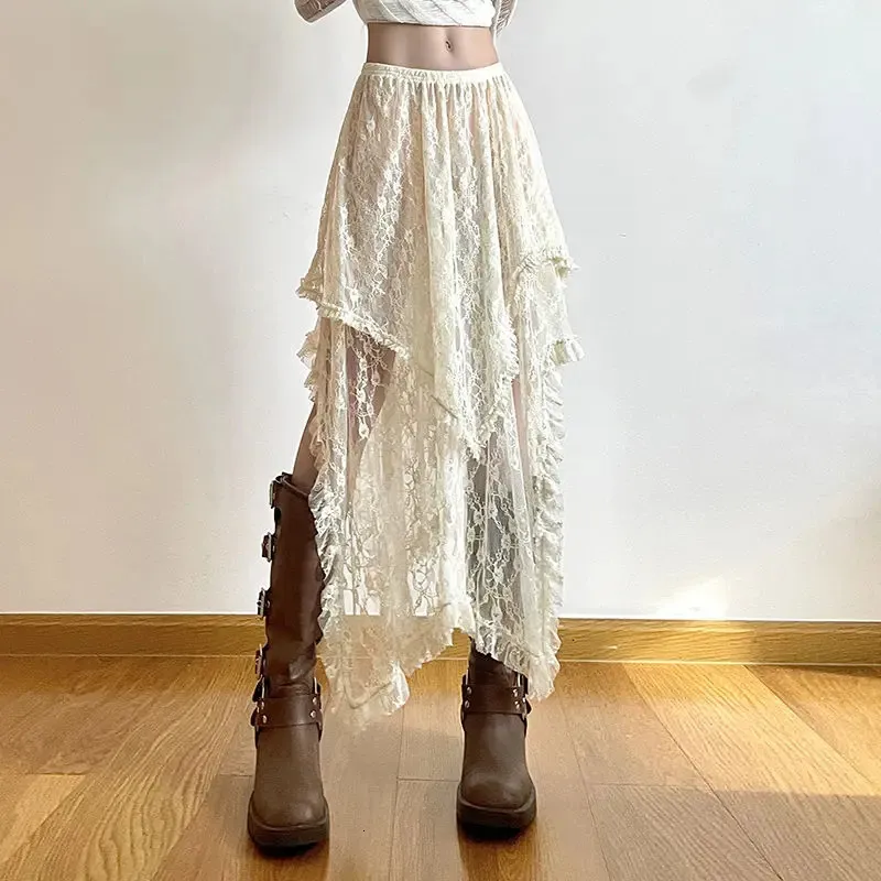 Deeptown Кружевая асимметричная юбка Fairycore Women Vintage Y2K Boho Эстетическая мода высокая талия средняя юбка Леди Праздничные наряды 240329