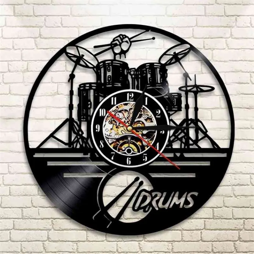 Drums de guitarra Conjunto de silhueta LED Luz de fundo RELOJ Música Moderna Vinil Relógio 3D Relógio de parede Horloge Band Membro Fan Handmade Gift 210322339