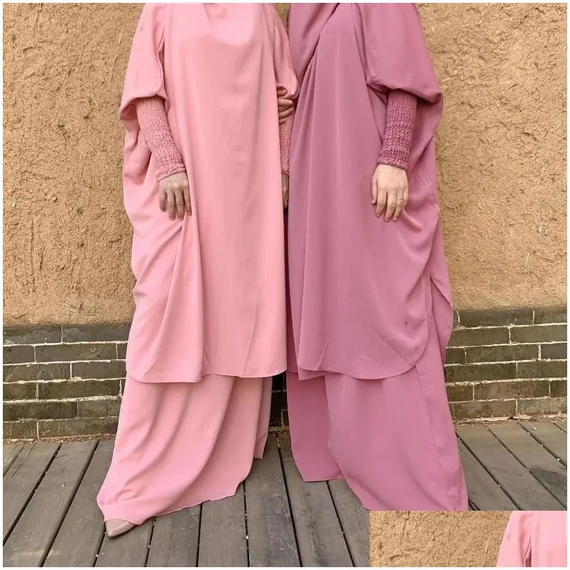 민족 의류 라마단 아이드 가운 2 조각 무슬림 여성 세트기도 의복 nikab abaya 드레스 긴 khimar hijab robe kaftan niqab drop otfhm