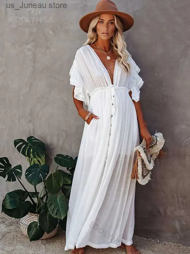 Vestidos casuais básicos sexy dp decote em vaca de borboleta e auto-cinturidade e cinto de cintura alta frontal aberta 2024 verão white women women beachwear vestidos maxi q1208 t240412