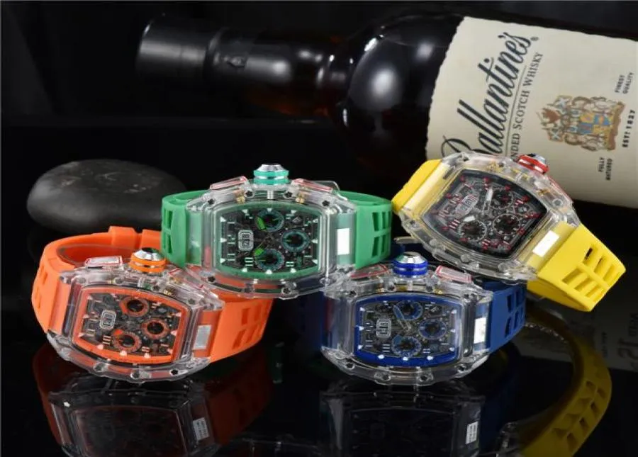Mens Watch Luxury Designer Sport Watches Fashion Transparent Case transparent 45 mm Chronographe montre des bracelets en silicone Men Clock7828839