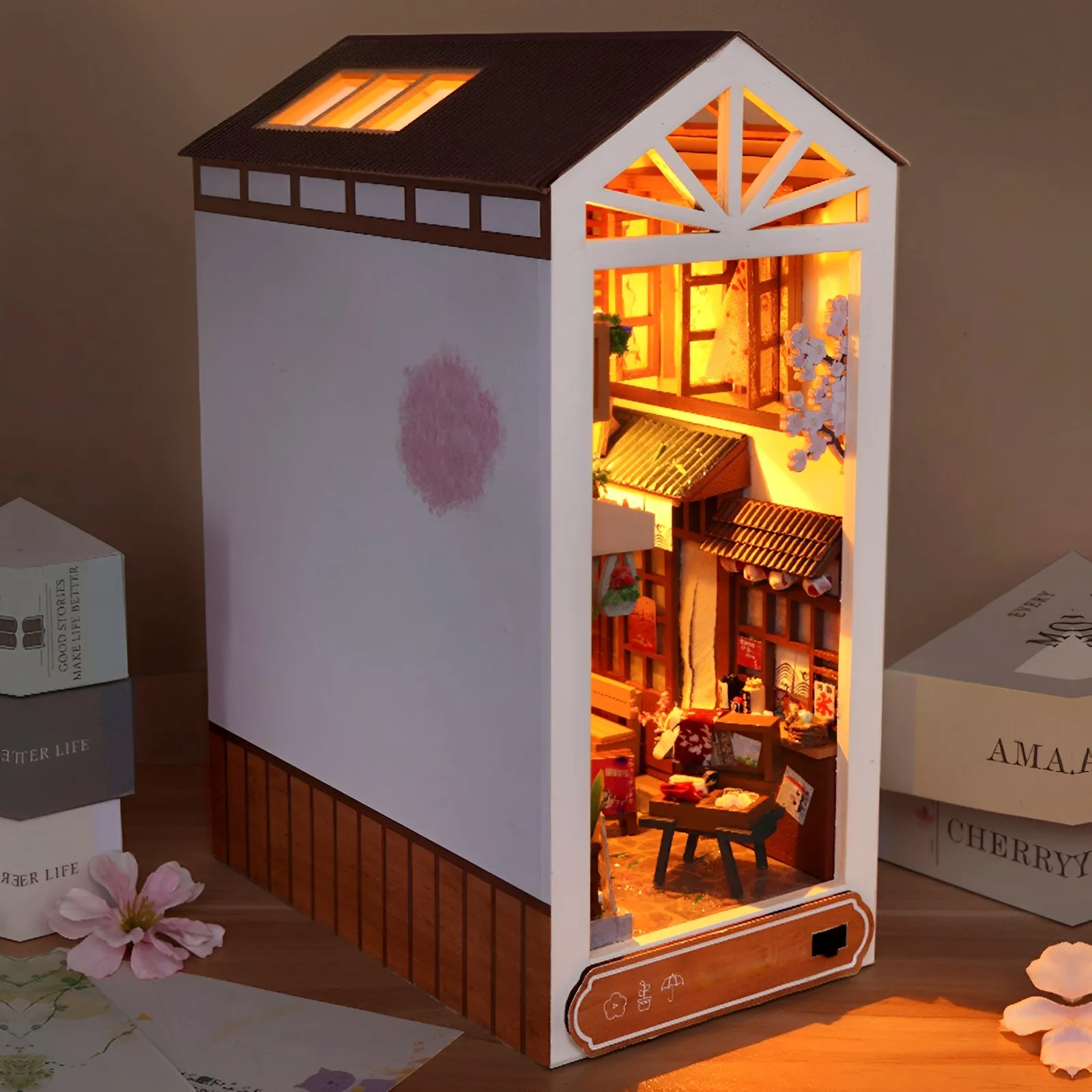 Farekass Book Nook – Miniature Maison En Bois Avec LED Et Plaque Anti-poussière, Thème Dragon