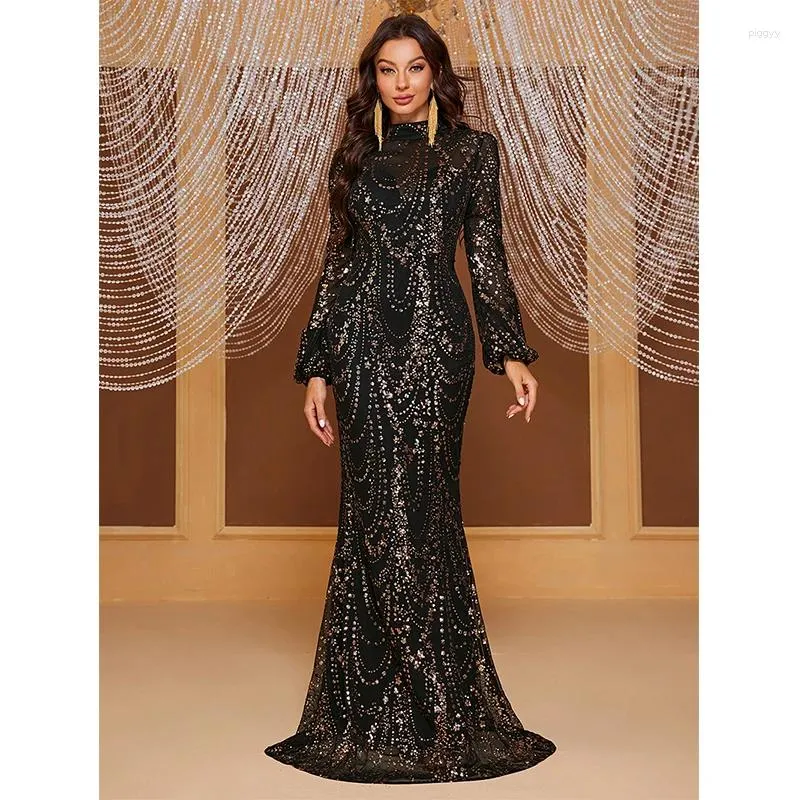Повседневные платья Женщины черные элегантные длинные рукавы с блестками, дамская вечерняя вечеринка русалка макси -платье vestido de feta