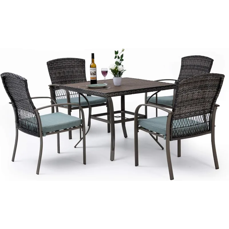 Pamapic Patio Dining Table Set 5 Piece, Garden Dining Set, Outdoor Wicker Furniture Set with Square Plastic-Wood Table Top