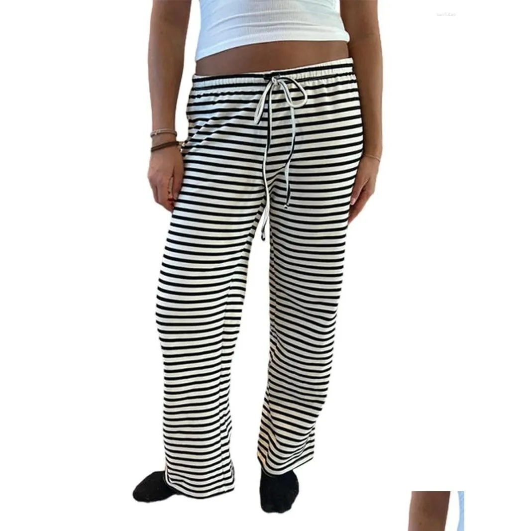 Calça feminina capris 2024 mulheres listras soltas dstring elástica as calças da cintura primavera verão casual calça de moletom de entrega de gota