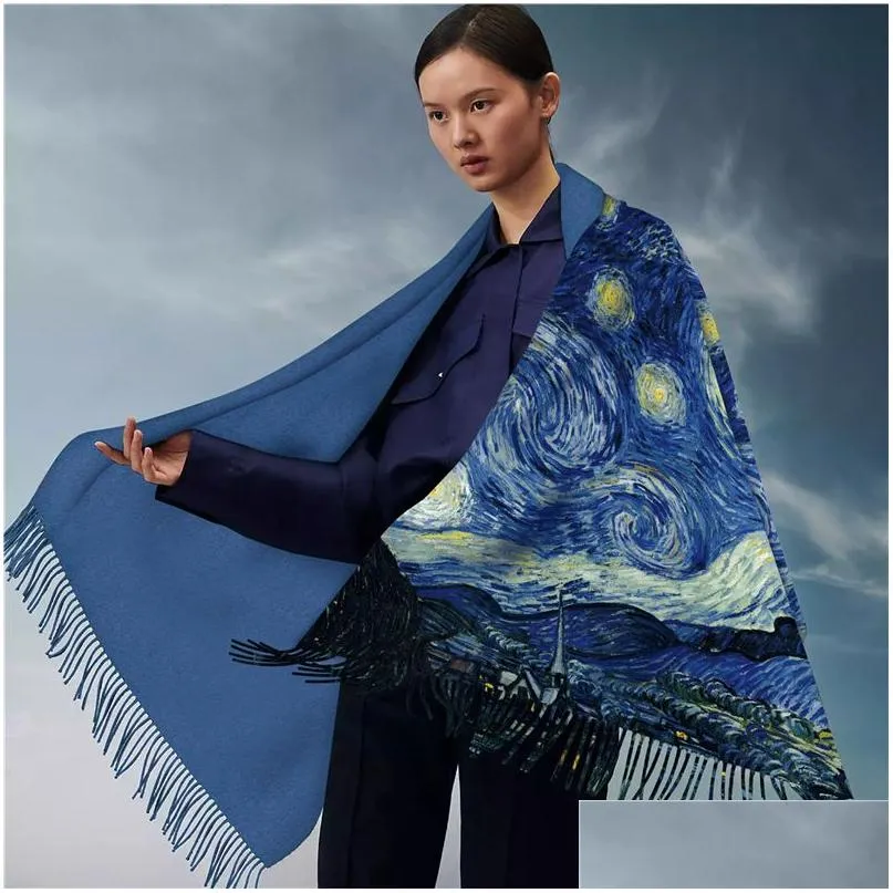 Womens Cape 0C0030 Oil Painting Style Home Clothing Scarves Imitation Cashmere Warm Shawl Tassels Versatile Digital Printing Customi Dhpwe