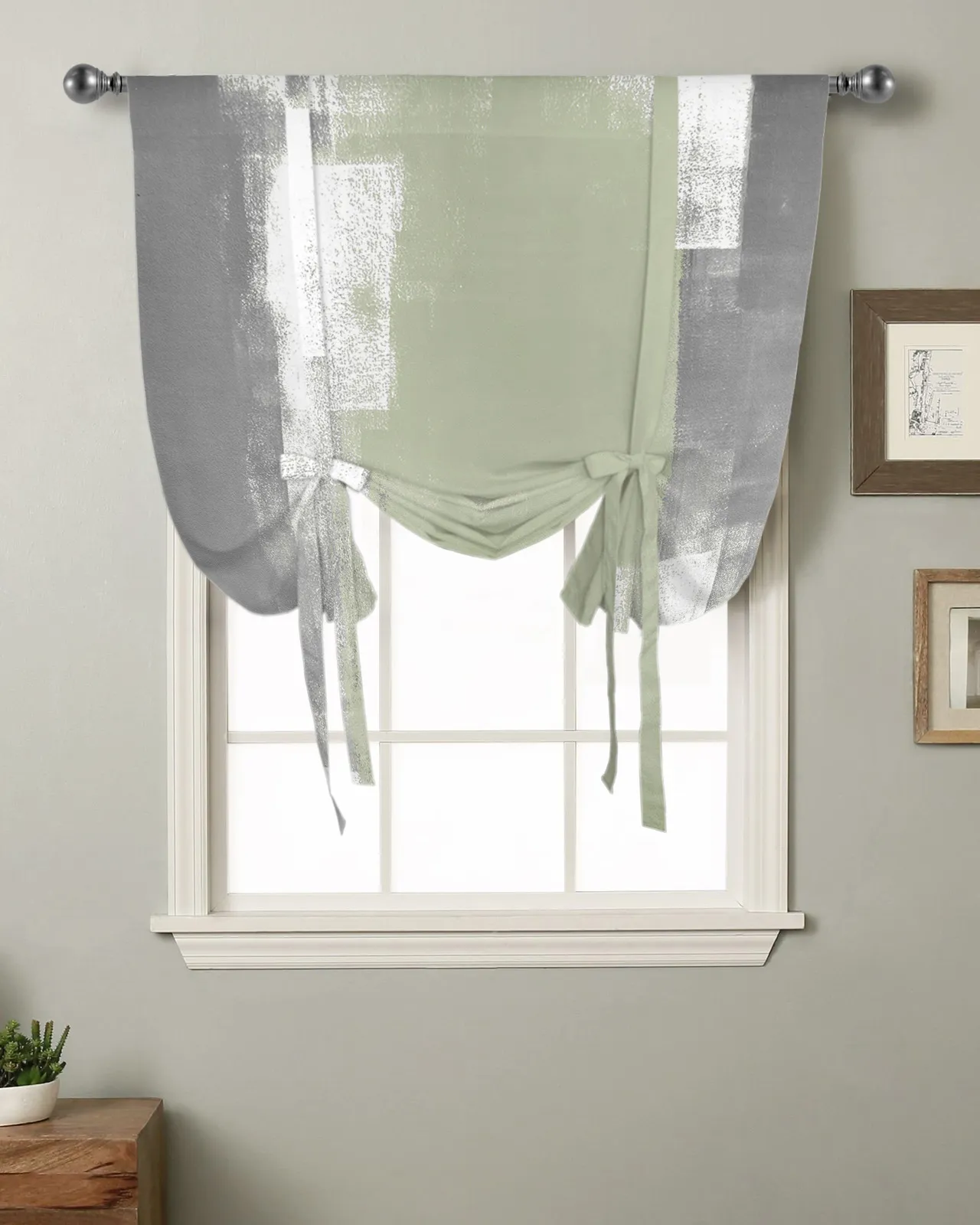 Cortinas de janela de textura de pintura a óleo verde sálvia para sala de estar cortinas romanas para o café da cozinha amarrar cortinas curtas