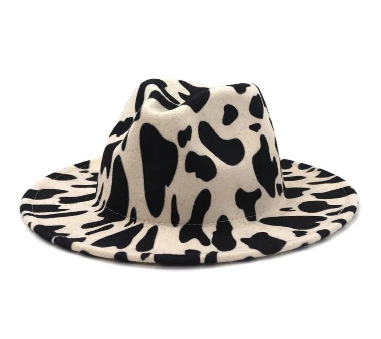 European US Style Cow Print Jazz Jazz Felt Hat Faux Wool Fedora Chapeaux Femmes Men Wide Brim Panama Party Formal Hat5989907