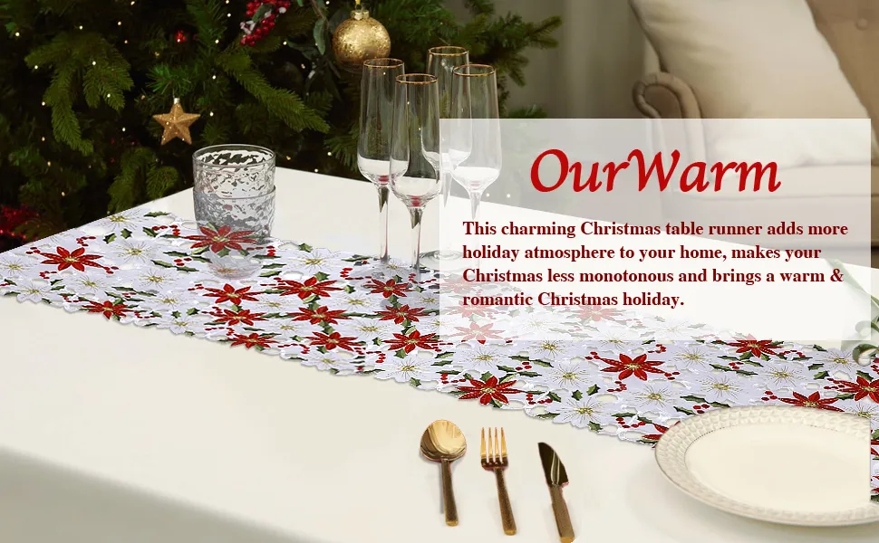 OurWarm Christmas Table Runner - 15x70 Inch Embroidered Poinsettia & Holly Table Linens For Holiday Dining Decor