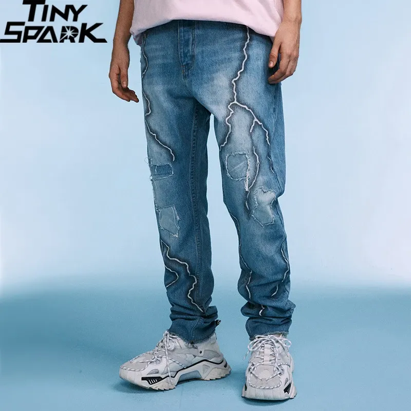 Broek 2022 heup heup denim broek streetwear lighing print gescheurde gat denim broek mannen haruku denim broek bluetrousers joggers katoen