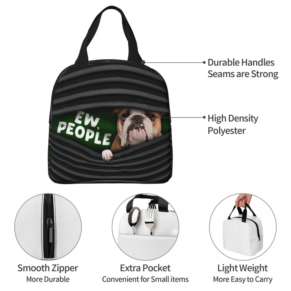 Bulldog Hunde Gesicht Isoliertes Lunchbeutel Thermaltasche Mittagessen Animal Hunde Große Lunchschachtel -Tasche Futterhandtaschen Strand Picknick