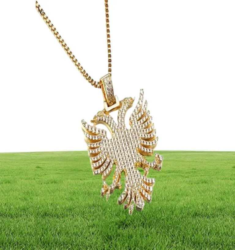 Albanien Eagle Pendant Necklace Iced Kosova Serbien Doubleheaded Eagle CZ PAVED uttalande Hiphop smycken män kvinnor etniska gåvor 2017393722