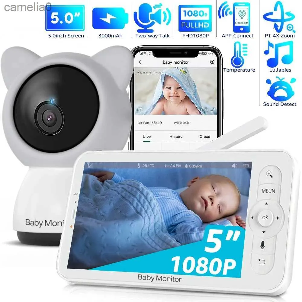 Bébé moniteurs haute définition 1080p Moniteur WiFi portable avec application Écran d'affichage de 5 pouces Zoom 1080p Baby Camera Vision Bidiaire Monitor Camerac240412