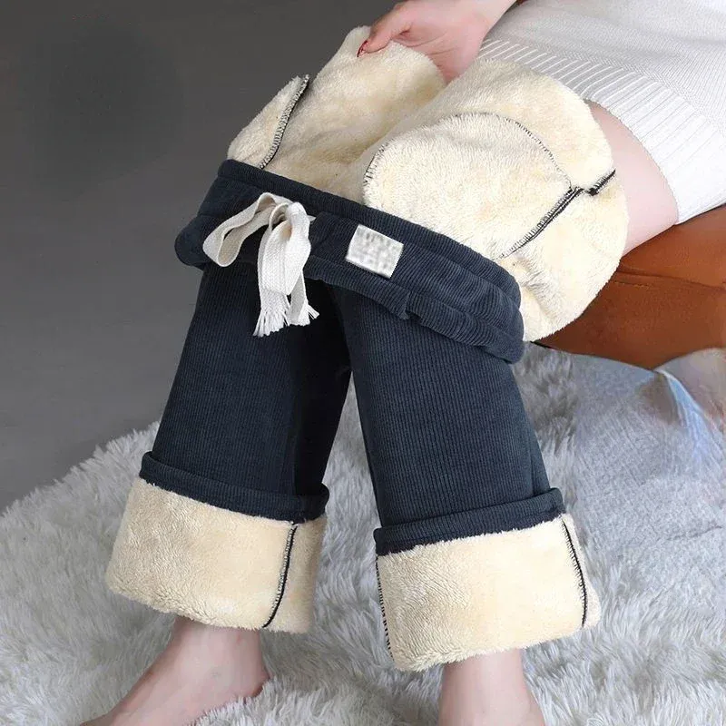 Spodnie pluszowe dama długie spodnie Zima Zagężeni szerokie spodnie nóg swobodne spodnie dresowe termiczne pod wysokim talią Joggers spodnie koreańskie proste spodnie