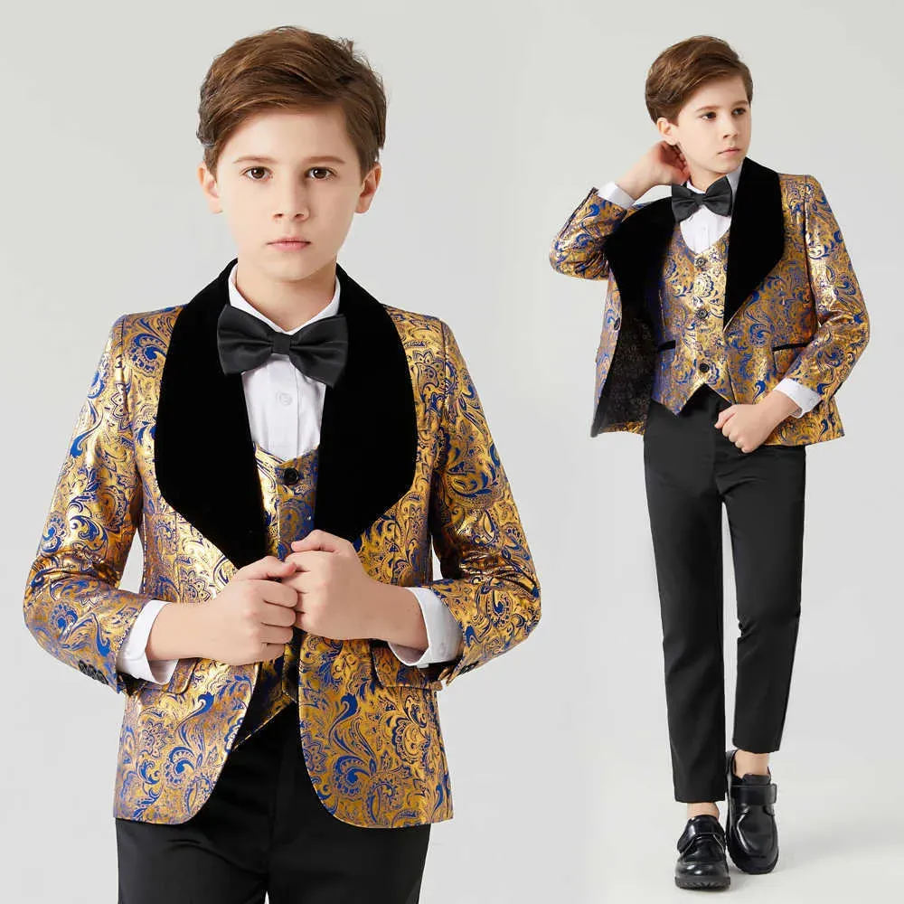 Kostymer kostym för pojkekommission bröllopsklänning för pojke barn kostym barns blå guld kostym pojkar svart krage kostym 3 st.