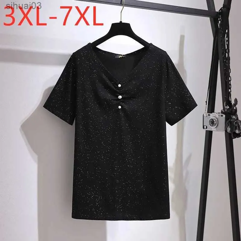 Kvinnors t-shirt Ny 2021 Ladies Summer Plus Size Tops för kvinnor Stor kort ärm Loose Black Cotton Sequins V-Neck T-shirt 3xl 4xl 5xl 6xl 7xll2403